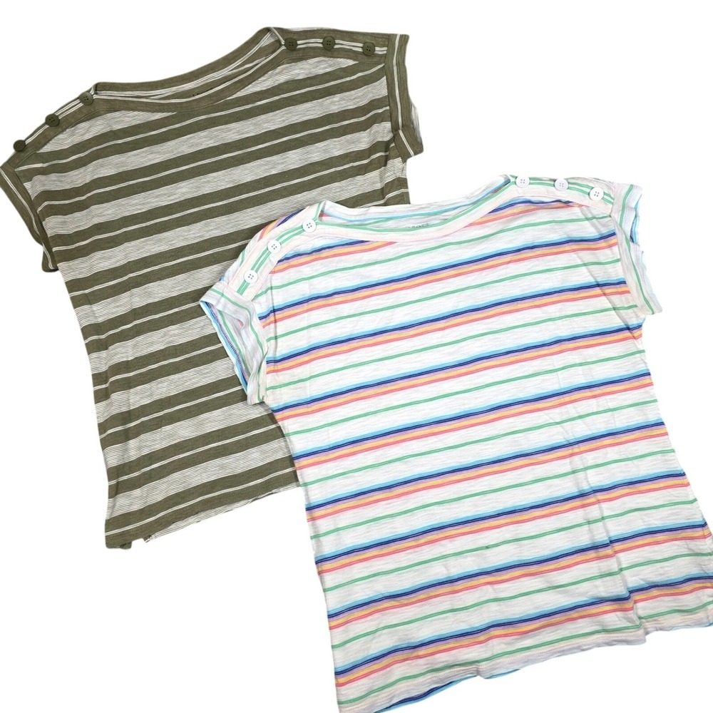 Lot 2 Talbots Button Shoulder Tee Colorful Striped Top Green Large Petite Preppy